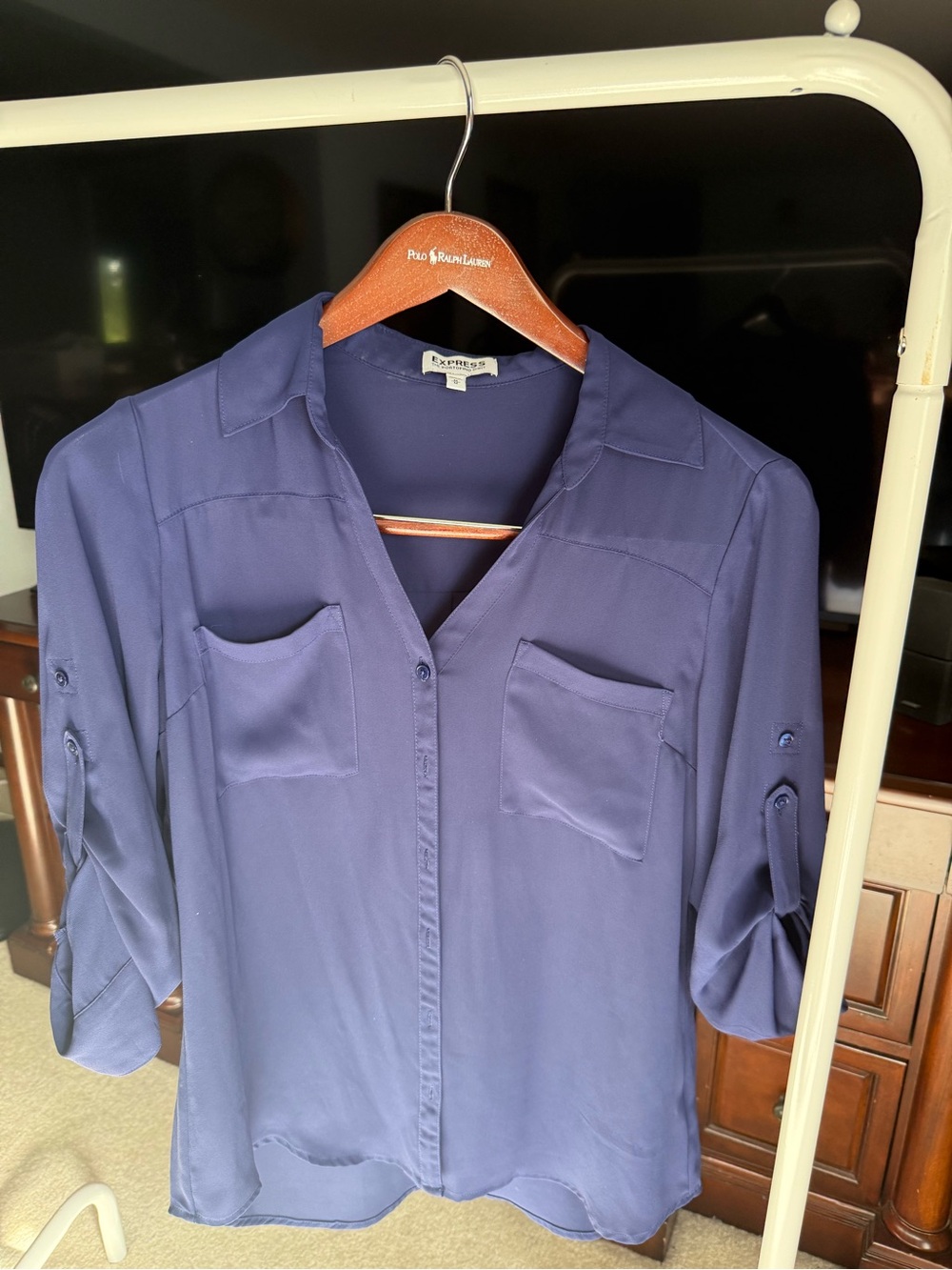 Express Navy Button-Down Roll-Sleeve Blouse